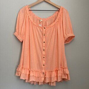 Easel Button Down Ruffle Cotton Slub Top Small Coral Boho Beachy Cottage NWOT